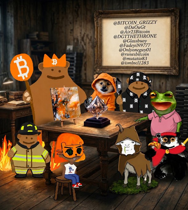 A Bitcoin-themed meme collage featuring various cartoon characters, Pepe the Frog, a Shiba Inu in an orange hoodie, a firefighter, a goat, and a skunk, gathered around a table with an Ethereum logo and a list of Twitter handles including @BITCOIN_GRIZZY, @DaOuGt, @Atr23Bitcoin, and @DGTTHETHRONE.
