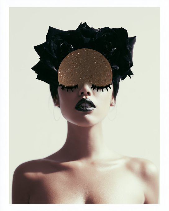 A surreal artistic portrait of a woman with closed eyes, dark lipstick, and hoop earrings, wearing a black rose headpiece, with a golden moon-like disc obscuring her eyes.