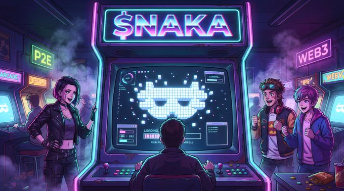 A vibrant neon-lit arcade scene features an arcade cabinet labeled '$NAKA' with 'P2E' and 'WEB3' signs in the background, while characters gather around the gaming screen.