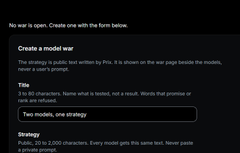 A dark screen displaying instructions to create a model war, with the strategy chosen being 'Two models, one strategy'.