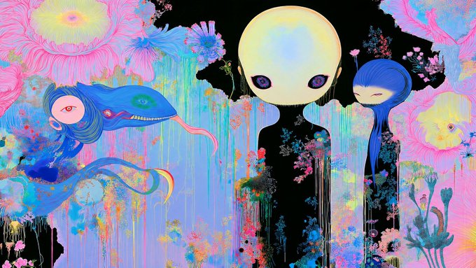 A surreal, brightly colored painting featuring pale alien-like figures, a blue whale-like creature, flowers, and a portrait in the background.