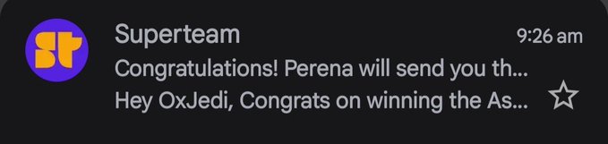 A Gmail notification from "Superteam" (timestamped 9:26 am) displays a message beginning "Hey OxJedi, Congrats on winning the As..." paired with an orange "st" logo, directly matching the post celebrating the user's 34th bounty win on SuperteamEarn with Perena.