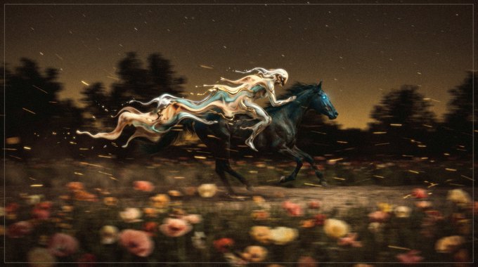 A fantasy digital illustration depicts a pale figure with flowing, flame-like hair and robes riding a dark horse at full gallop through a field of glowing flowers under a starry night sky.