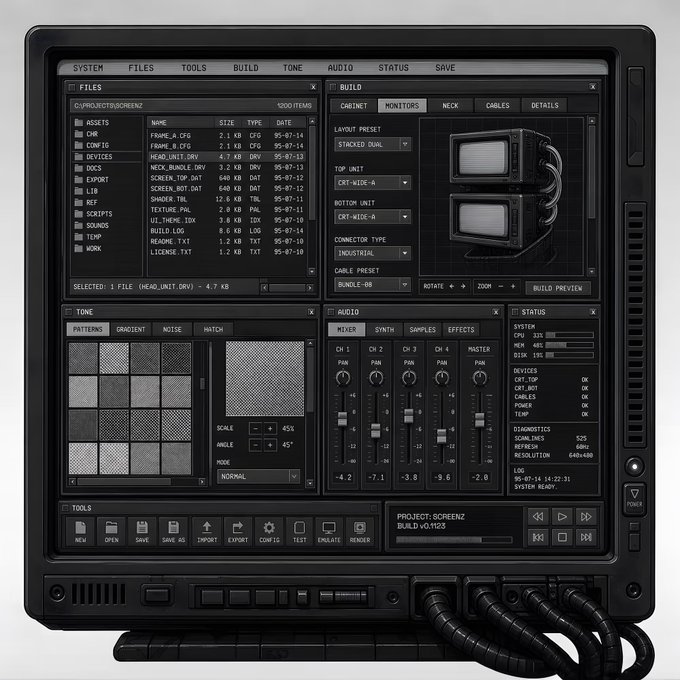 A detailed dark-themed software interface displayed on a monitor-like frame, featuring various panels labeled SYSTEM, FILES, BUILD, TONE, AUDIO, and STATUS, showing file directories and audio mixer settings.