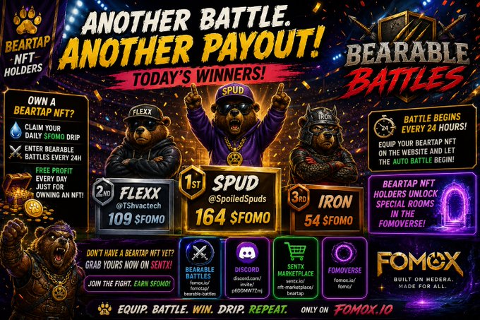 Promotional graphic for 'BEARABLE BATTLES' featuring three bear characters ('FLEXX', 'SPUD', 'IRON') under 'TODAY'S WINNERS!' with various text sections including 'OWN A BEARTAP NFT?' and 'BUILT ON HEDERA. MADE FOR ALL.'