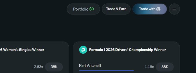 The image shows a prediction market interface from what appears to be a crypto trading platform, displaying betting options including "Women's Singles Winner" at 2.63x odds (38%) and "Formula 1 2026 Drivers' Championship Winner" favoring Kimi Antonelli at 1.16x odds (86%).

The post's complaint about a $5 deposit disappearing to $0 doesn't appear to match the image content, which shows only prediction market odds and trading interface elements with no visible balance or deposit information.