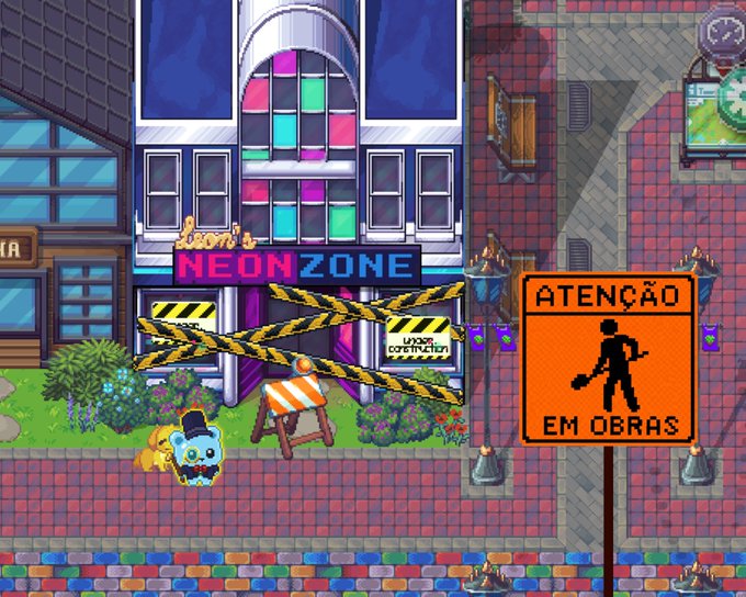 A pixel art game scene showing "NEON ZONE" shop under construction with yellow caution tape and an orange "ATENÇÃO EM OBRAS" warning sign.