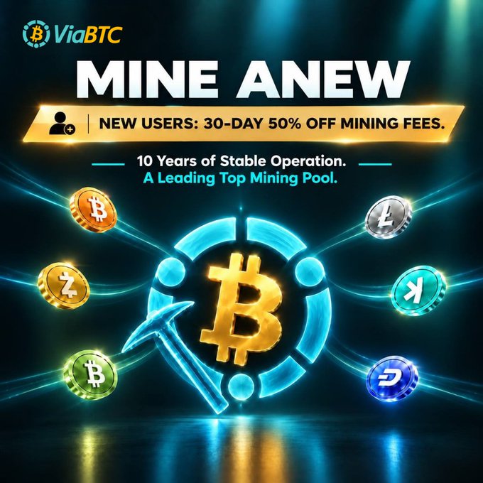 A ViaBTC advertisement promotes cryptocurrency mining with the slogan 'MINE ANEW', offering new users a 30-day 50% discount on mining fees, featuring Bitcoin and other coin icons.