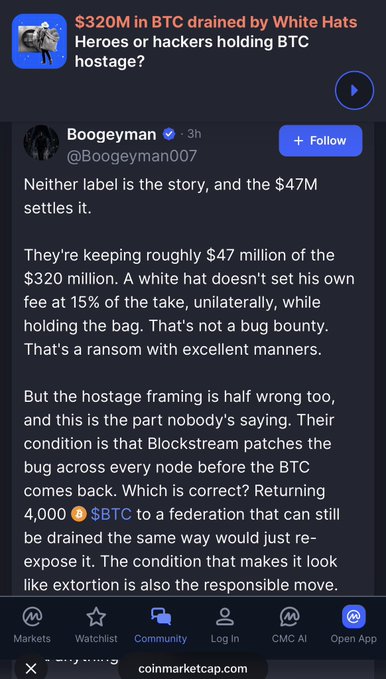 A CoinMarketCap screenshot of a tweet thread by Boogeyman (@Boogeyman007) discussing '$320M in BTC drained by White Hats – Heroes or hackers holding BTC hostage?'