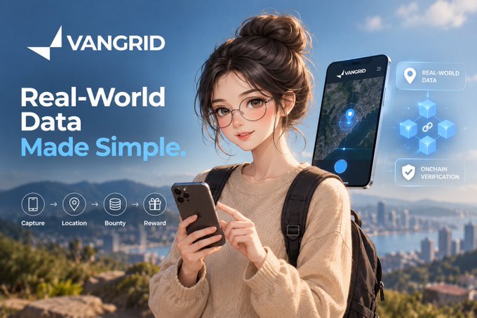 An advertisement for 'VANGRID' featuring an illustrated woman holding a smartphone, with the text 'Real-World Data Made Simple.' and icons showing Capture, Location, Bounty, and Reward.