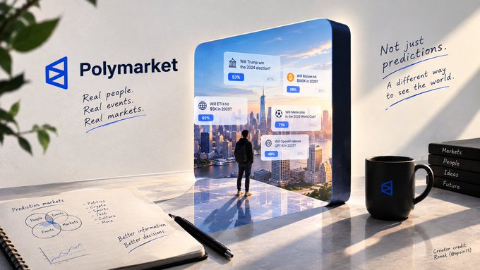 A promotional graphic for 'Polymarket' with the tagline 'Real people. Real events. Real markets.' and 'Not just predictions. A different way to see the world,' showing a person viewing a cityscape display of prediction markets, alongside a notebook, pen, and branded mug.