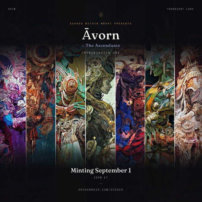 Promotional poster for the "Āvorn :: The Ascendants" NFT collection, presented by Echoes Within Muori and Transient Labs, with minting scheduled for September 1 at 12PM ET at archannatr.com/echoes.