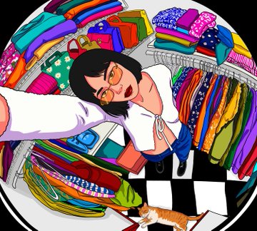 An illustration depicts a woman with short black hair and glasses shopping for colorful clothes on a rack, with a cat walking below her on a checkered floor.