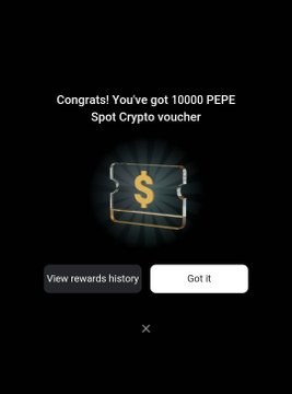 A dark mobile screen notification reads 'Congrats! You've got 10000 PEPE' above a golden voucher icon, with buttons for 'View rewards history' and 'Got it'.