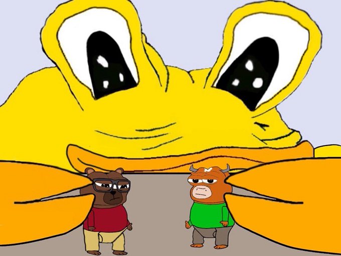 A crude digital drawing featuring two cartoon bear-like characters standing below an enormous, menacing yellow frog face that fills the upper portion of the image.