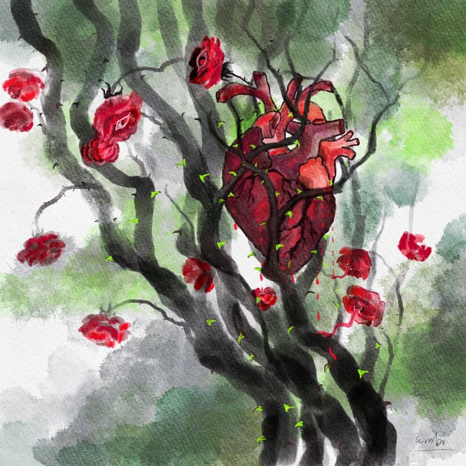 A watercolor painting depicts an anatomical heart entangled in the dark branches of a tree with red roses and green leaves.