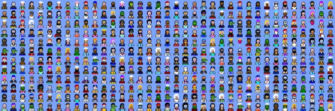 The image features a long row of small, cartoon-like faces with various colors and styles. The faces are arranged in a straight line, creating an impressionistic style reminiscent of a pixel art design. Above this row of faces, there's text that reads "I need to put on a Nakamigos pfp before the Clarity Act is signed. I can'e elaborate. Please take a look at my banner and pick which Migo I should pfp and post below in the comments!". The image seems to be related to a video game or an online platform where users can create, share, or view pixel art designs.