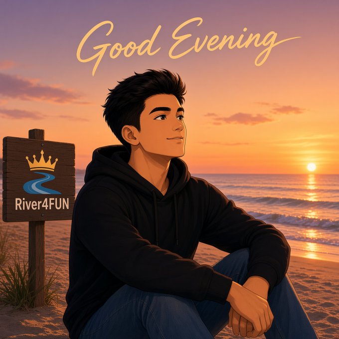 An illustrated image of a young man sitting on a beach at sunset with 'Good Evening' text and a 'River4FUN' sign.