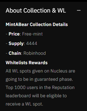A dark-themed informational graphic for 'MintABear' collection details, showing 'Free-mint' price, '4444' supply, and 'Robinhood' chain, alongside whitelist reward information.