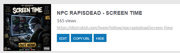 A social media post promoting NPC Rapisdead's "Screen Time" track on DistroKid, showing the artwork featuring an animated character at a computer with release details, alongside a link with 165 views. The post highlights community engagement (165 NPCs in the room) and encourages pre-saving for early access ahead of the song's release on the @npconchain platform.