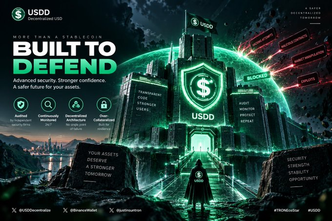 A promotional graphic for USDD (Decentralized USD) features a futuristic green-lit fortress labeled with security features like "TRANSPARENT CODE," "AUDIT MONITOR PROTECT REPEAT," and a shield emblazoned with the USDD logo, while a hooded figure approaches the gates beneath signs reading "YOUR ASSETS DESERVE A STRONGER TOMORROW" and "SECURITY STRENGTH STABILITY OPPORTUNITY." Red neon tags mark threats like "HACKING ATTEMPTS," "MALICIOUS CONTRACTS," and "MARKET MANIPULATION" as "BLOCKED," reinforcing the caption's emphasis on USDD's on-chain transparency, over-collateralization, and security infrastructure for the TRON DeFi ecosystem.