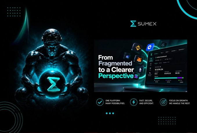 A promotional graphic for 'SUMEX' features a muscular figure holding a glowing symbol on the left, alongside text 'From Fragmented to a Clearer Perspective' and a laptop displaying financial data on the right.