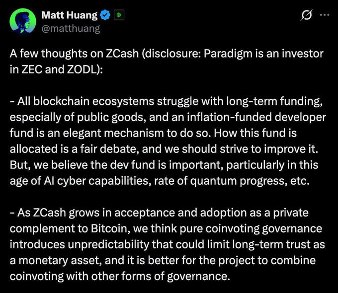 A tweet from Matt Huang (@matthuang) sharing thoughts on ZCash, noting Paradigm's investment in ZEC and ZODL, discussing blockchain funding, dev funds, AI cyber capabilities, and governance combining coinvoting with other forms.