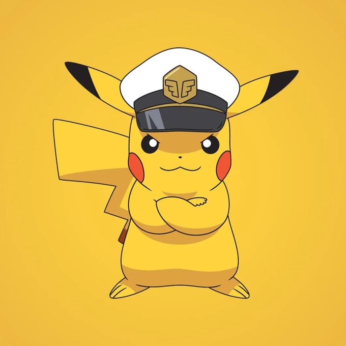 A cartoon illustration of Pikachu dressed as a ship captain, wearing a white naval officer's hat with a gold emblem, with its arms crossed against a yellow background.