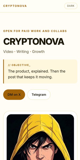 A profile page for 'CRYPTONOVA' advertises 'OPEN FOR PAID WORK AND COLLABS' for Video, Writing, and Growth, with contact buttons for X and Telegram, above an illustration of a character in a yellow hood.