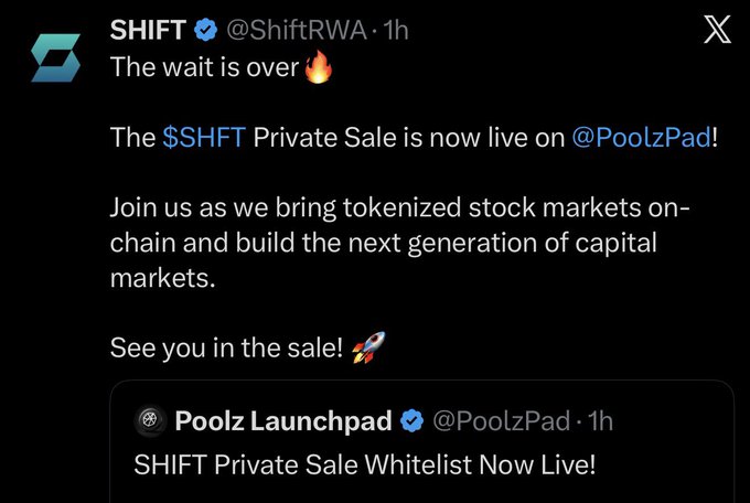 A tweet from @ShiftRWA announces that the $SHIFT Private Sale is now live on @PoolzPad, with a quoted tweet from Poolz Launchpad confirming the whitelist is open. This directly corresponds to the post's message about the SHIFT pre-sale registration being live, while cautioning against participating in pre-sales that often result in unfavorable terms for early buyers.