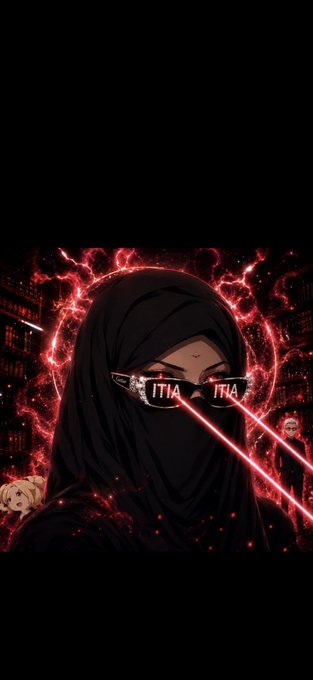 A stylized anime character in a black hijab and reflective sunglasses that read "ITIA" with glowing red laser eyes and red lightning in the background, conveying an intense, "locked in" vibe that matches the post's motivated energy.
