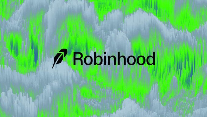 The Robinhood logo displayed in black text over a green and gray abstract textured background.