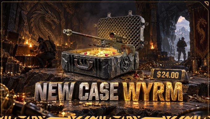 A promotional image for 'NEW CASE WYRM' priced at $24.00, showing an ornate open chest filled with gold and gems in a fantasy setting.