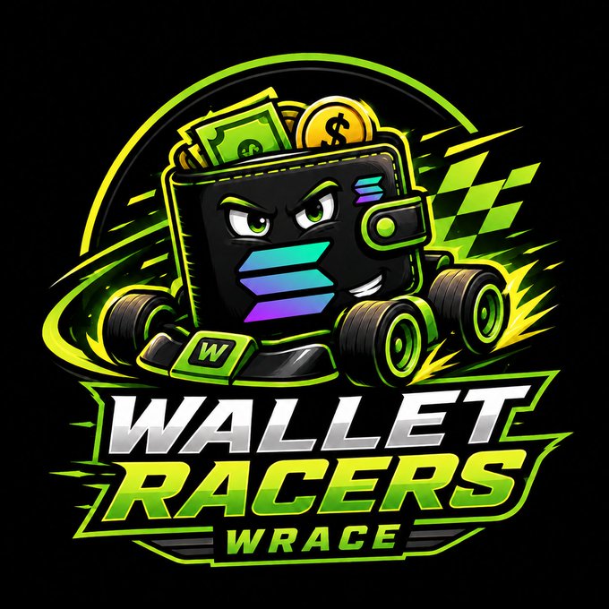 A cartoon wallet character with an angry face, green eyes, and money/cash sticking out the top, is styled as a race car with wheels, racing alongside a checkered flag. The bold text below reads "WALLET RACERS" in white and "WRACE" in green, matching the post's promotion of the $WRACE token and its racing-themed wallet concept.