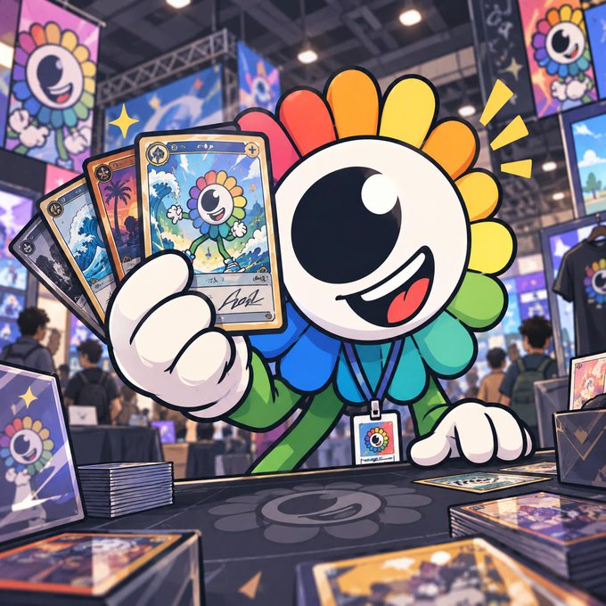 A cheerful, rainbow-petaled mascot holds up trading cards at a bustling convention booth, with stacks of cards and branded displays visible throughout the venue. The image captures the NFT and collectible trading card excitement referenced in the post, visually echoing the "NFT energy" and Pokémon card craze being discussed.
