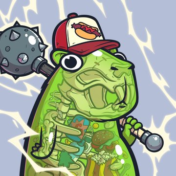A cartoon green frog mascot wearing a red cap holds a spiked microphone and a microphone, embodying the energetic "GM" (good morning) crypto greeting culture. The image reflects the poster's journey of growth and transformation in the crypto space, moving from their NFT days in the SEI community to their current role at Trezor, symbolizing the ever-evolving nature of the industry.