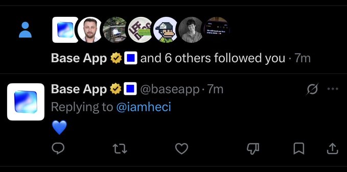 The image shows a social media post from Base App, which has been reposted to Twitter. The post features a photo of a man with a blue hat and a caption that reads "Base App". The caption also mentions that the post was reposted to Twitter, indicating that it is being shared on multiple platforms. The image includes a heart symbol in the bottom right corner, which could be an indication of liking or sharing the post.
