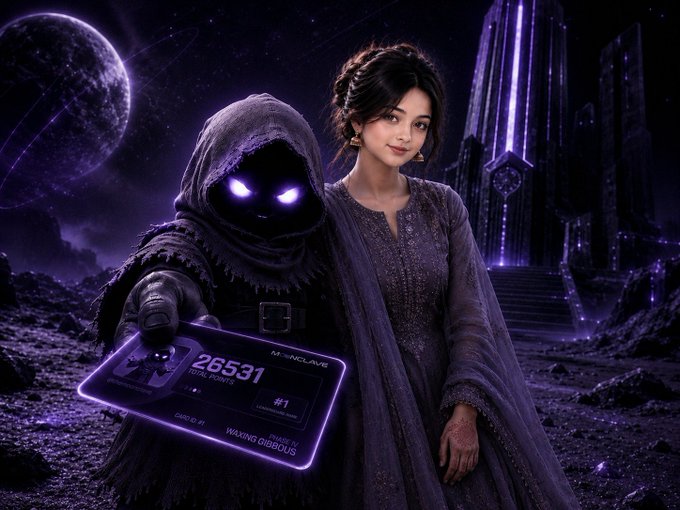 A fantasy-themed digital artwork featuring a woman with dark hair in an ornate purple dress standing next to a glowing-eyed, hooded figure in black robes. The hooded figure holds a glowing purple tablet displaying '26531 TOTAL POINTS' and 'WAVING GIBBOUS' for 'MENCLAVE'.