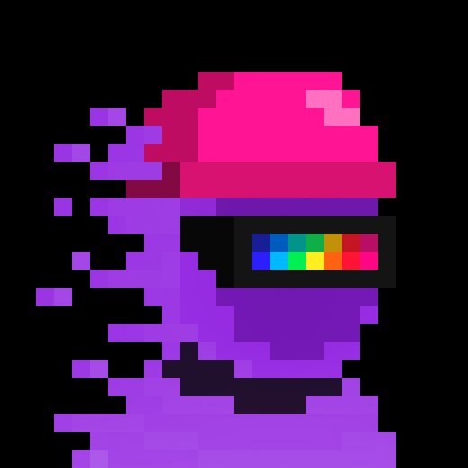 A pixel art illustration of a hooded figure in pink and purple tones wearing a black visor with a rainbow-colored equalizer display.