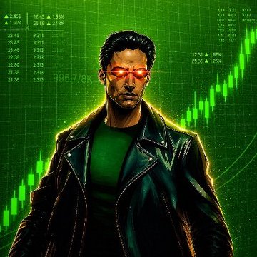 The image features a man dressed in a black leather jacket with red eye glasses standing in front of a chart. The background behind him displays stock prices, indicating that he is possibly involved in trading or investing activities within the financial markets.