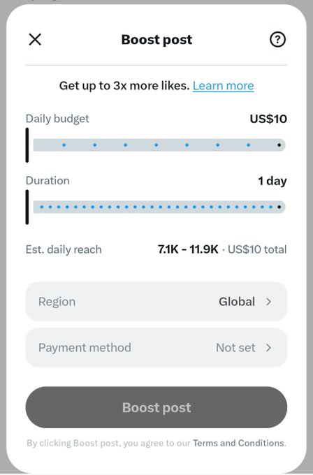 An X (formerly Twitter) "Boost post" interface showing a daily budget of US$10, 1-day duration, and an estimated daily reach of 7.1K-11.9K users.