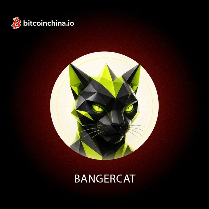 A logo featuring a geometric, low-poly cat face in black and neon green with glowing yellow eyes against a circular light background on a dark red field. Text reads 'bitcoinchina.io' at the top and 'BANGERCAT' at the bottom.