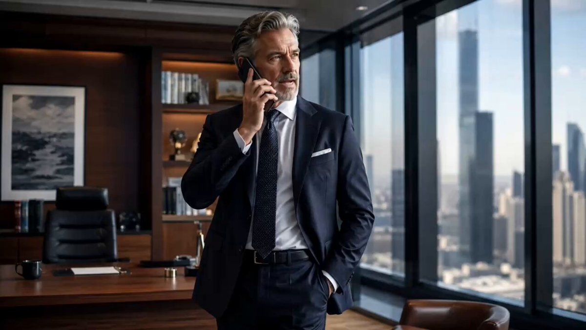 The image shows an older man dressed in a suit, talking on his cell phone while standing near a desk with a window that offers a view of a city skyline. The photo appears to be from a few months ago when the man was featured in a post about the final month of the year for $SATA. The post also mentions that there are two more weeks left until the end of the month, and it suggests that the remaining days will be filled with pay day.
