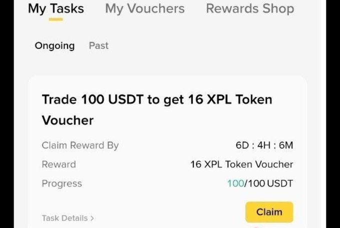 The image shows a screenshot of an e-commerce page, with a summary that reads "My tasks" followed by several bullet points providing information about a trader. One of these details is related to trading USDT for XPL tokens at 100 USDT per token, which has been claimed successfully and is now awarded the 100/100 USDT token voucher. The image description does not provide any additional details about this specific task or its reward system.