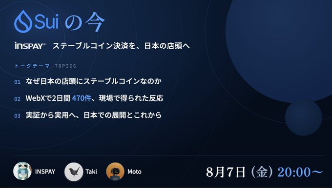 A presentation slide titled 'Sui の今' with the 'INSPAY' logo, listing Japanese text topics about stablecoin payments in Japanese stores, scheduled for '8月7日（金）20:00～' and featuring speakers INSPAY, Taki, and Moto.