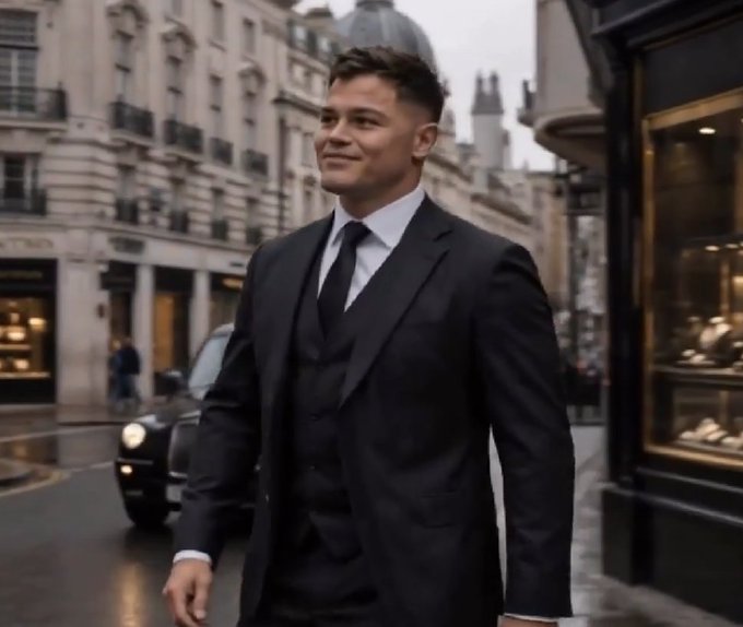A man in a sharp three-piece black suit confidently strides down a London street, embodying the "gigachad" aesthetic referenced in the post from user @doqo_sol about the Solana blockchain. His polished, stoic look serves as a visual metaphor for the confident, top-tier status he's claiming within the crypto community.
