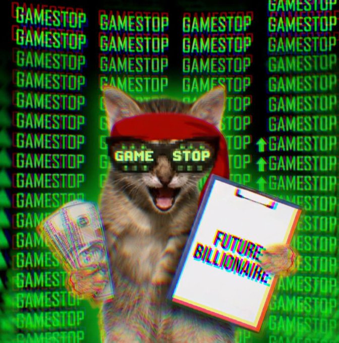 A fluffy cat wearing a red headband and "GAME STOP" pixel sunglasses holds cash and a clipboard labeled "FUTURE BILLIONAIRE," set against a repeating green "GAMESTOP" background, channeling the chaotic energy of the GME meme-stock movement.

The image ties to the post's vision for a $GME Telegram group by using GameStop's iconic branding and viral, community-driven meme aesthetics to represent the organic, grassroots nature the author celebrates.