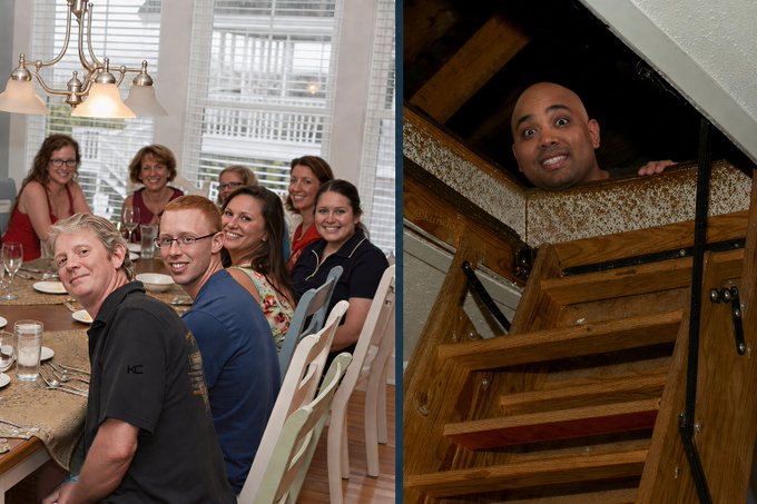 A family smiles around a dinner table, while in a separate scene a man peeks out from an attic trap door with a comically nervous expression—visually playing on the caption's joke of him hiding upstairs to avoid explaining his crypto investments.
