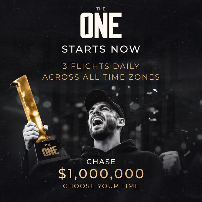 A promotional poster for a poker tournament called 'THE ONE' featuring a man celebrating with a gold trophy, with text announcing '3 FLIGHTS DAILY ACROSS ALL TIME ZONES' and a 'CHASE $1,000,000' guarantee.