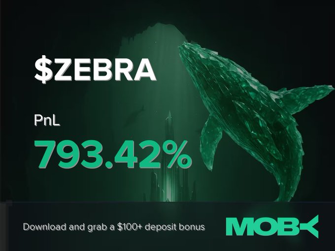 A Moby promotional graphic featuring a crystalline green whale against a dark backdrop advertises a $ZEBRA trade with an impressive PnL of +793.42%, offering viewers a $100+ deposit bonus to download the app. The image visually reinforces the win alert by showcasing the standout return alongside the Moby branding.